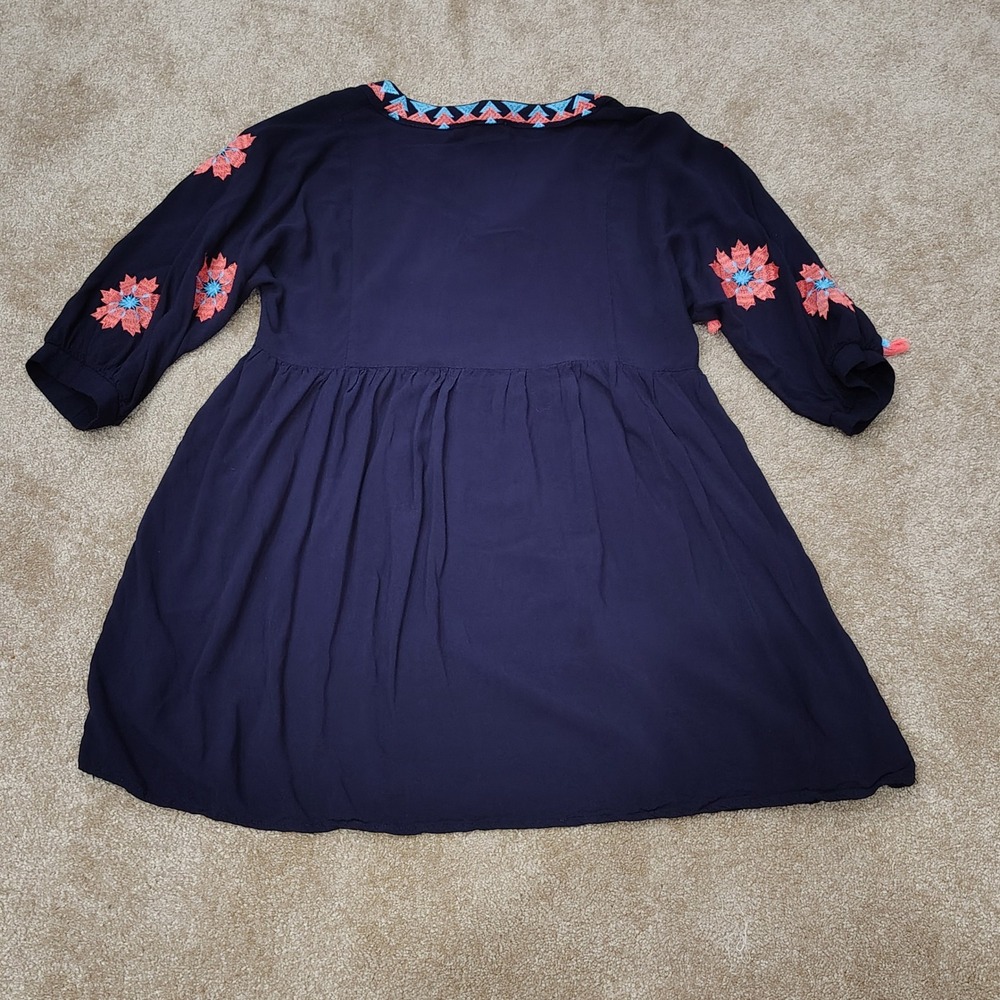 UMGEE Womens SMALL Mini Dress Navy Blue Embroidered Boho Tassel Festival - Picture 2 of 7